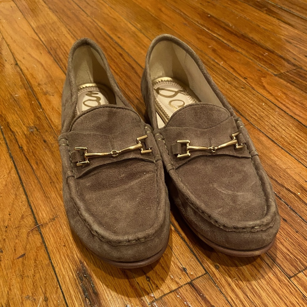 Olive green suede loafer with small heel